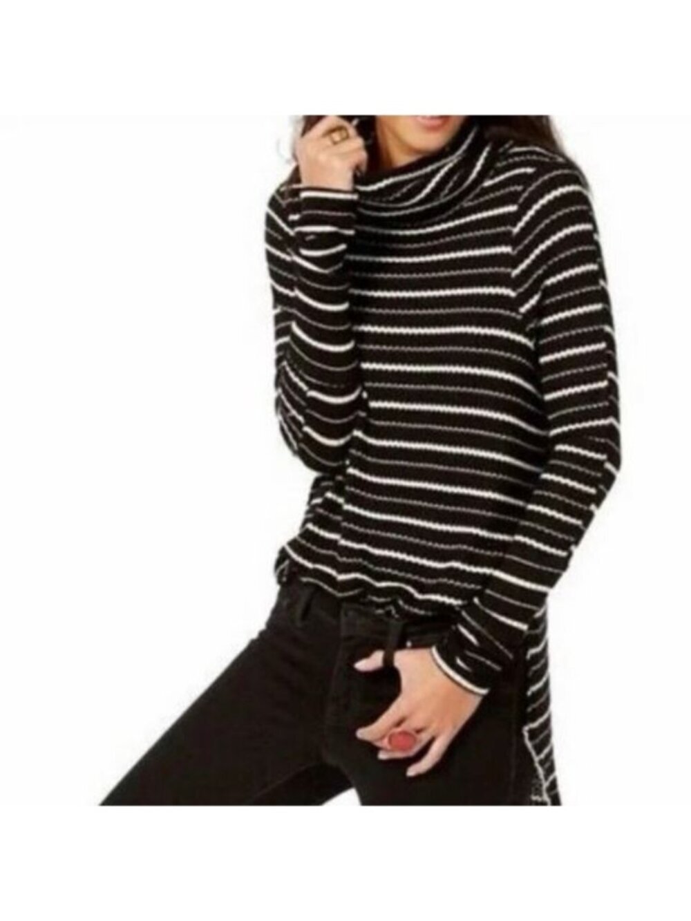 Free People We The Free Black White Stripe Cowl Neck Sweater Top M